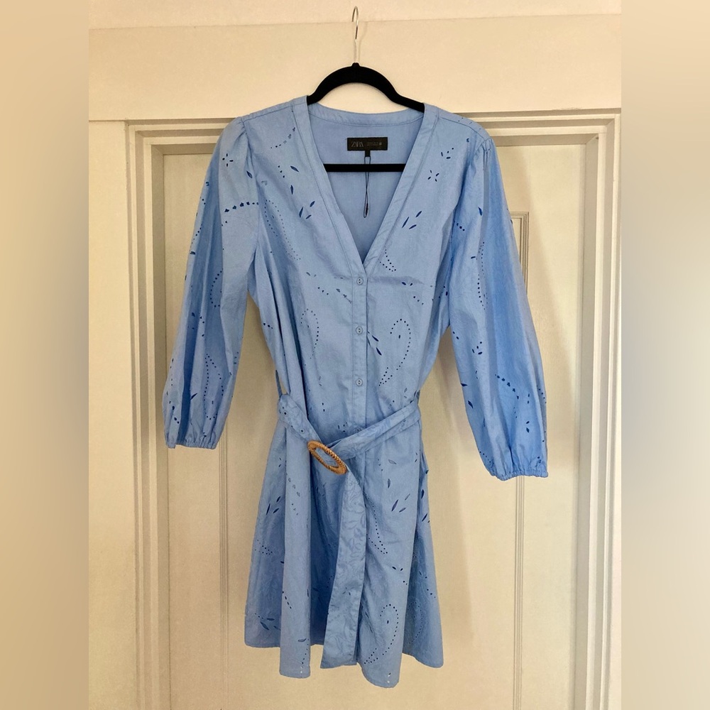 Zara Light Blue Eyelet Dress with Belt - Picture 5 of 6